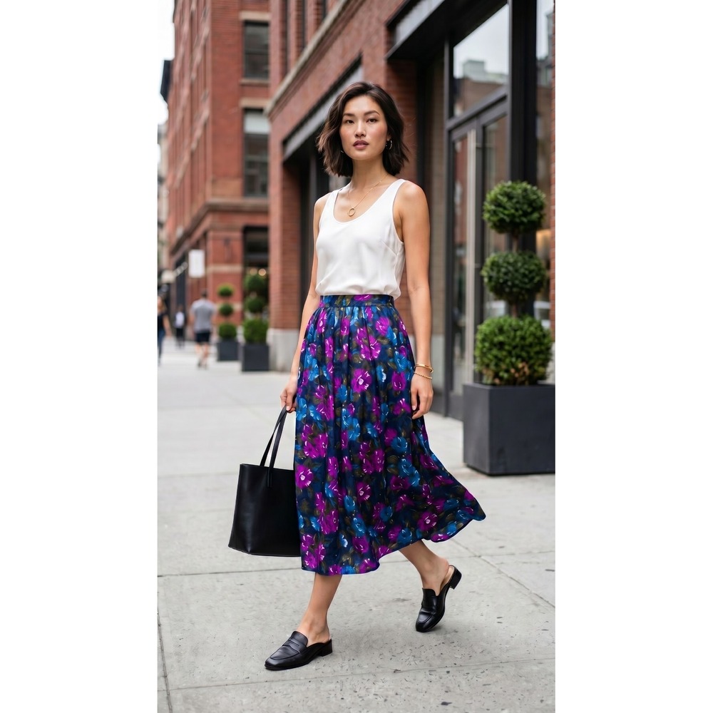 VTG Black Fuschia Multicolor Floral Midi Skirt Size 12 Jewel Tone‎ Boho 90s